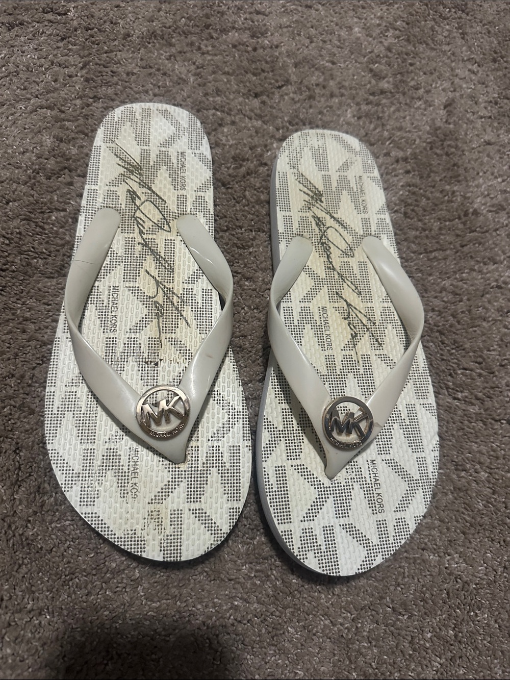 Michael Kors Beige White Logo Flip Flop Sandals